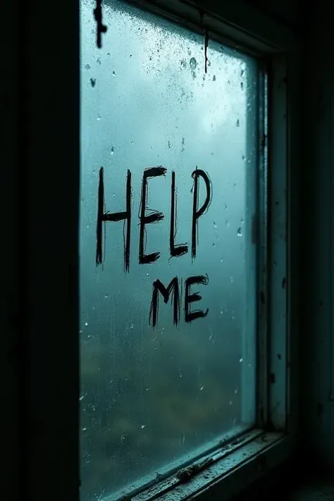 one soaked in rain、Frosted window glass，in a dark abandoned room。on the condensation and dirt on the internal surface，scribbles a rough、with the message “HELP ME” written in reverse。raindrops falling down the glass，cinematic lighting casts soft shadows，enh...