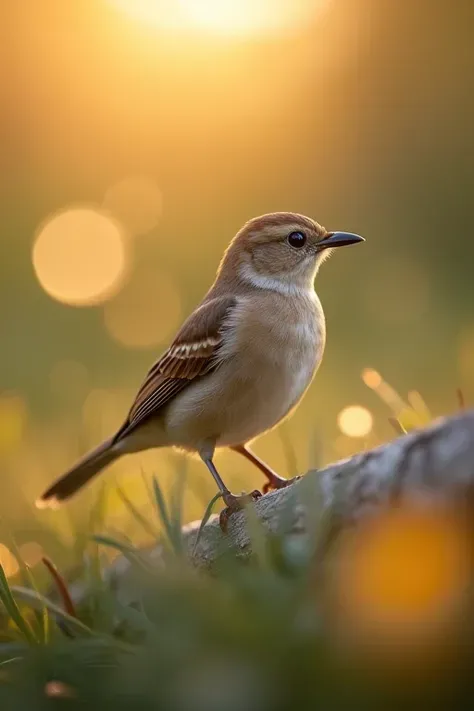 A charming close-up photo，shows a beautiful bird，illuminated by soft golden light on a quiet morning，with a bokeh ball gently framing its petite body
