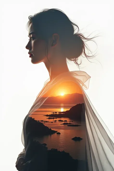 High quality，8K Ultra HD，美丽的Doubleexposure，that combines the silhouette of a goddess with the sunset coast，The sunset coast should be used as the bottom background，details are incorporated into the goddess's silhouette，Clear lines，The background is monochr...