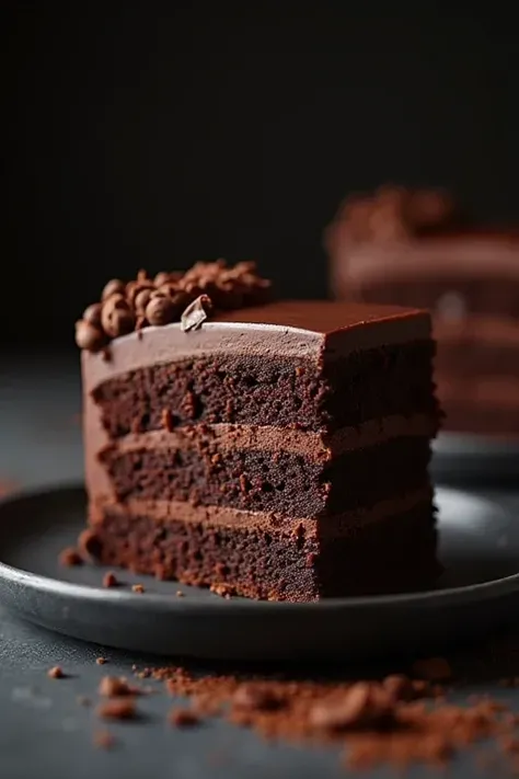 cinematic still-frame chocolate，chocolate cake，deep dark background，High Quality Photos，Moist Textures，Icing，studio photo，slice，Shallow depth of field，Vignette，Very meticulous，High budget，Bokeh，Movie Widescreen，gloomily，Epic，opulent，cinematic grain，grain s...