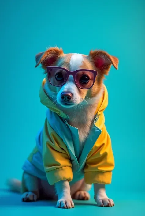 The best mobile wallpaper，Award-winning wallpaper，Photo photography，Front view is a cute dog，Wear mid-1960s space age fashion，Side view photo，shot with Canon EOS R5，Set strong contrasts to highlight the theme，fluorescent blue tone，Wear a very modern jacket...