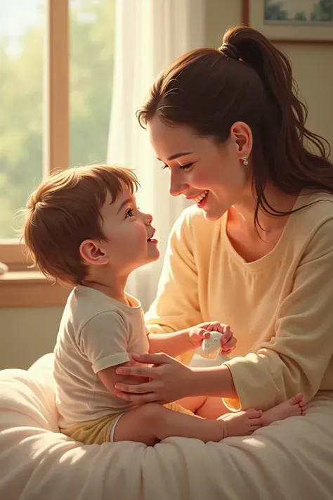 A woman is applying bio-milk to her child