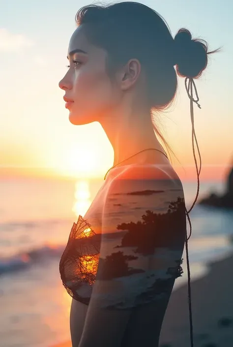 High quality，8K Ultra HD，美丽的Doubleexposure，that combines the silhouette of a goddess with the sunset coast，The sunset coast should be used as the bottom background，details are incorporated into the goddess's silhouette，Clear lines，The background is monochr...