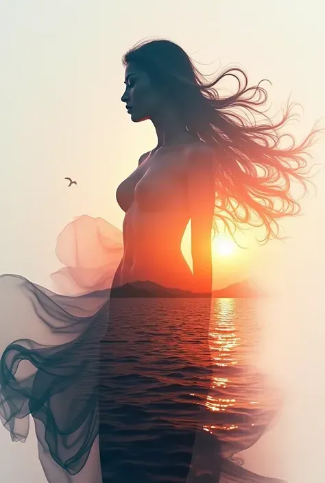 High quality，8K Ultra HD，美丽的Doubleexposure，that combines the silhouette of a goddess with the sunset coast，The sunset coast should be used as the bottom background，details are incorporated into the goddess's silhouette，Clear lines，The background is monochr...