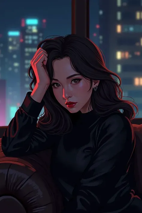 The late-night penthouse，The character is half leaning on a well-textured leather sofa，The background is blurry urban neon lights。The cool ambient light intertwines with warm interior light on the character's face，She gracefully supports her head，The eyes ...