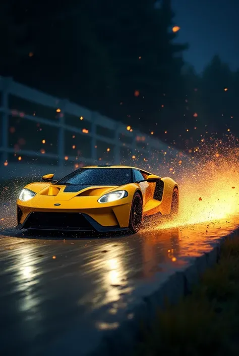 The decisive moment of the yellow racing car，lightpainting，Bullet time，overtaking a corner at night，Small Grained Gravel Splashes。Car Light Trajectory，high speed，motionblur，Dynamic Movement and Energy，Original Unfinished Style，An Ultra Realistic Masterpiec...