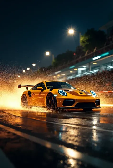 The decisive moment of the yellow racing car，lightpainting，Bullet time，overtaking a corner at night，Small Grained Gravel Splashes。Car Light Trajectory，high speed，motionblur，Dynamic Movement and Energy，Original Unfinished Style，An Ultra Realistic Masterpiec...