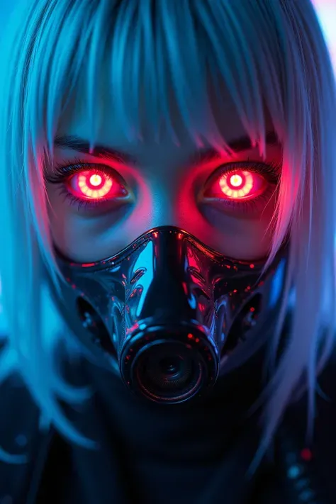 cyberpunk style close-up，the face flows through the face {x}, a girl with strange eyes with silver hair wearing a transparent high-tech mask，the iris reflects the epitome of a neon city，digital code flowing through the face，The light is colorful，Deep and m...