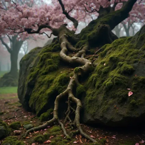 Cherry blossoms in full bloom growing on a huge rock_sdxl_rel_260420