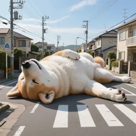道路でくつろぐ巨大柴犬