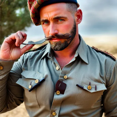 homoerotic nude, (((full body shot))) of a 44 year old masculine english soldier, in a desert, moustache, beard, hairy chest, br...