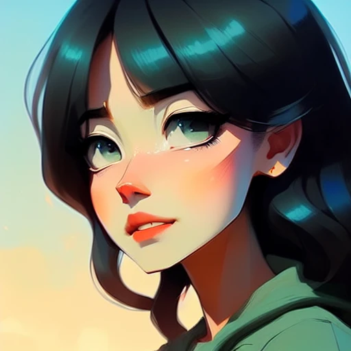 close up portrait female , (black hair), green eyes, long hair, smirking, by  (((Atey Ghailan and Emmanuel Shiu))), standing in a street, at night
(<SamDoesArt2>:0.84)