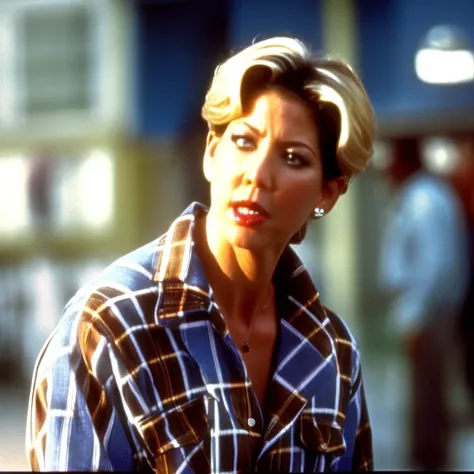 (Jenna Elfman:0.8)  is a bad ass crip gangbanger with a blue bandana on her head and wearing a flannel shirt and baggy pants in 1992 in Compton Cinema768-Analog