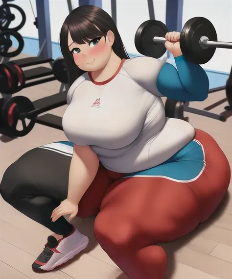 art by better with salt, (masterpiece), highest quality, 1girl, obese, thick thighs, wide hips, female only, tight clothes, gym ...