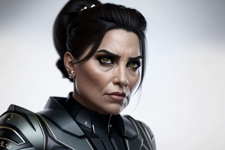 A 3d render of A powerful woman with a strong, regal bearing, her sharp features and piercing eyes commanding attention . highly detailed, 8K, stunning, hdr, subsurface scattering, global illumination, film still, Film-like, bokeh, 3d