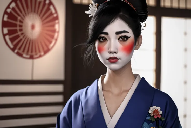 A 3d render of a A young asian (geisha) with white face paint,  eyeliner, jetblack long, straight hair and a bohemian style, wearing a kimono, standing in front of a traditional japanese wall in a dojo, with a desperate look on her face. Use a high-angle s...