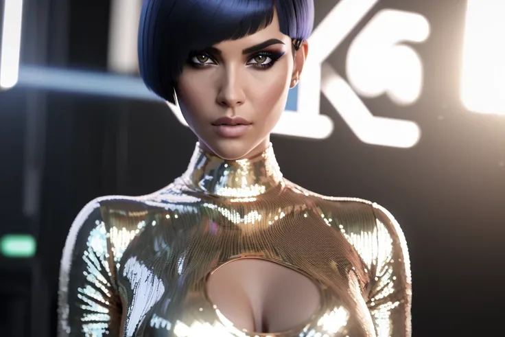 A 3d render of woman with a sleek, bobbed haircut and smoldering gaze She is adorned in a barely-there, sequined outfit that glimmers in the light . highly detailed, 8K, stunning, hdr, subsurface scattering, global illumination, film still, Film-like, boke...