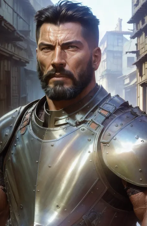 portrait of a muscular rugged warrior in a bright medieval street, ((old worn leather armor)), ((backlighting)), realistic, mast...