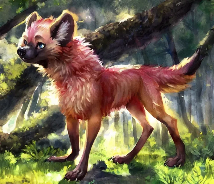 A sharp focus full-length portrait pretty watercolor countershade soft rim lighting shading digital artwork female feral hyena looking at viewer standing forest background