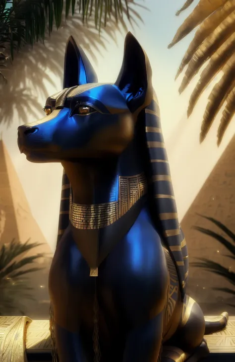 award winning portrait (photo) of the (god anubis), gold jewellery, (palm fronds), lush, egypt, (nile river), [egypt1temp] background, (backlighting), realistic, masterpiece, highest quality, lens flare, shade, bloom, [[chromatic aberration]], by Jeremy Li...