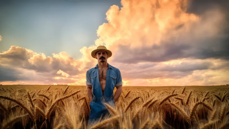 masterpiece, best quality, highres, realistic, a barechest homoerotic man standing in a field of wheat, 1boy, male focus, solo, ...