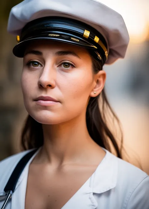 closeup close up backside nude body portrait of a cute world war one nurse, wearing nursing cap, bending forward pose, in an old French town, (background artillery fog bokeh), obscene pubic hair vulva vagina, eyeliner, diffuse skin pores, shiny eyes, annoy...