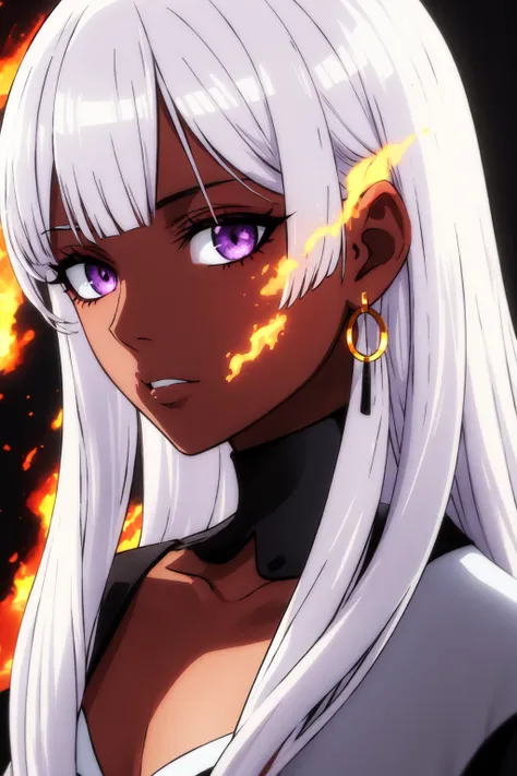 1girl, wanostyle, white_hair, fire, a girl with white hair and blue eyes wearing a white dress and black wings in front of a dark background with fire behind her, bare_shoulders, closed_mouth, dark-skinned_female, ((dark_skin)), hoop_earrings, long_hair, l...