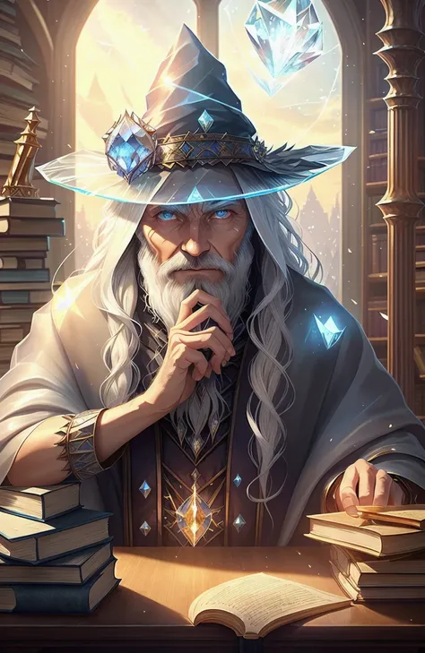 Style-Glass, award winning waist up photo of a fantasy wizard, wizard hat, wearing torn wizard robes, old and wrinkled, long white hair and beard, blue eyes, (casting a magic spell:1.4), library, Style-Lab, piles of (books in foreground:1.3), large window ...