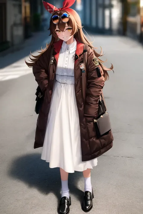 masterpiece, best quality, soft lighting, absurdres, looking at viewer, solo, smile,
amber (genshin impact),  brown eyes, brown hair,  red hair ribbon, plaid long coat, loafers, sunglasses, white dress, collar, fashion model, gucci gang, gucci gang, gucci ...