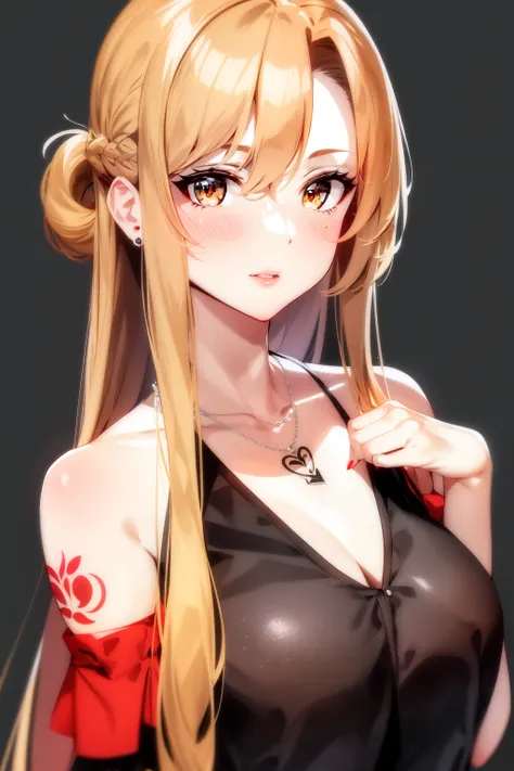 asuna, asuna_\(sao\), 1girl, bare_shoulders, black_nails, collarbone, commentary, dark, earrings, fantasy, hair_between_eyes, hi...