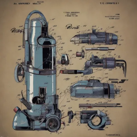 a vintage  patent diagram of a highly complicated mecha vacuum cleaner.