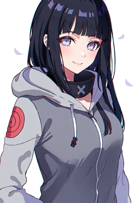 hinata, hyuuga hinata, 1girl, bangs, empty_eyes, black_hair, blunt_bangs, grey_eyes, grey_sleeves, headband around_neck, highres, hime cut, hooded cardigan, long sleeves, looking_at_viewer, petals, smile, solo, straight hair, upper body, hooded jacket, si...