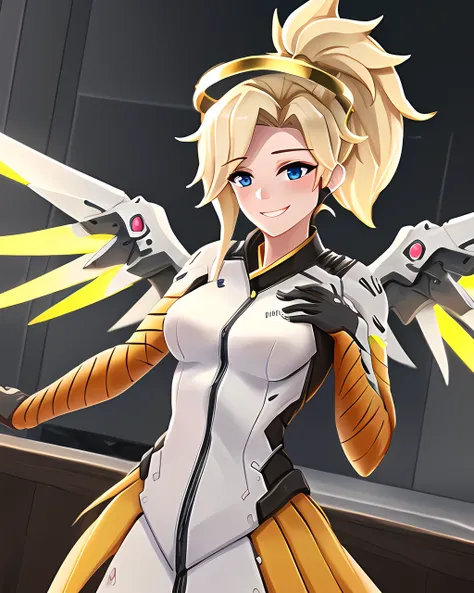 best quality, 1girl, blonde hair, blue eyes, indoors, medium breasts, smile, mechanical wings, corneo_mercy