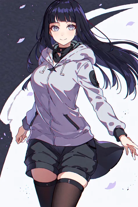 hinata, hyuuga_hinata, 1girl, bangs, empty_eyes, black_hair, blunt_bangs, grey_eyes, grey_sleeves, headband_around_neck, highres, hime_cut, hooded_cardigan, long_sleeves, looking_at_viewer, petals, smile, solo, straight_hair, upper_body, hooded_jacket, fu...