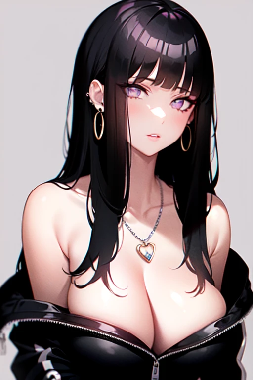 hinata, hyuga hinata, 1girl, bare_shoulders, black_nails, collarbone, commentary, dark, earrings, fantasy, hair between eyes, highres, jewelry, looking_away, looking_to_the_side, nail polish, necklace, off shoulder, original, parted lips, realistic, ring, ...