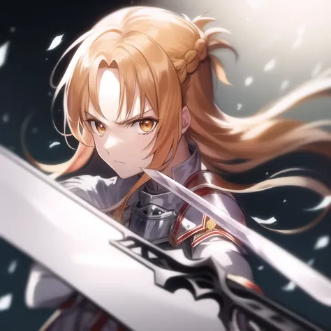 asuna, masterpiece, highres, asuna \(sao\), crown braid, light orange hair, armor, ((holding weapon))