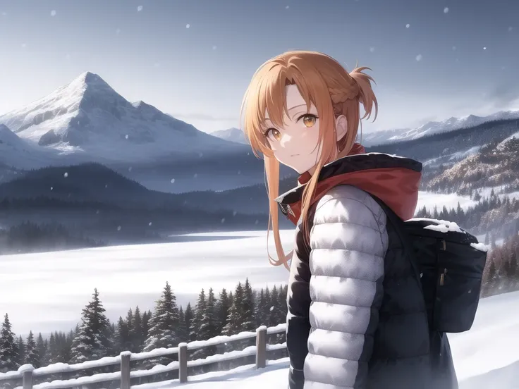 ((asuna)), ((masterpiece)), highres, asuna \(sao\), crown braid, light orange hair, looking at viewer, mountain, dutch-angle, sn...