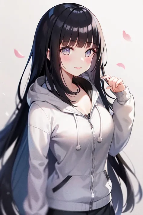 hinata, 1girl, bangs, black_hair, blunt_bangs, grey_eyes, grey_sleeves, headband_around_neck, highres, hime_cut, hooded_cardigan, hyuuga hinata, long_hair, long_sleeves, looking_at_viewer, petals,  smile, solo, straight_hair, upper_body