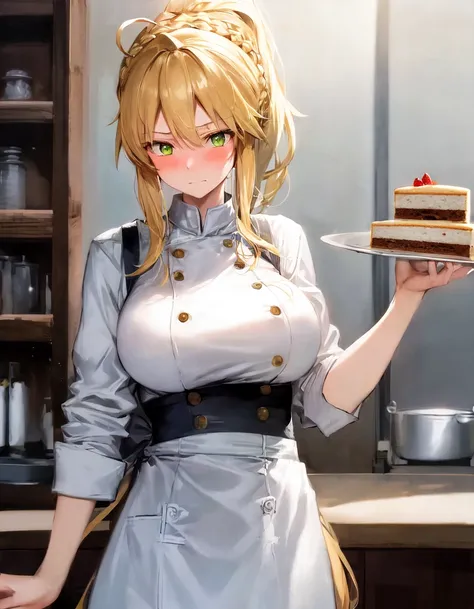 masterpiece, best quality, absurdres, soft lighting, embarrassed, looking away,
1girl, ahoge, artoria pendragon (swimsuit ruler) (fate), large breasts, blonde hair, green eyes, french braid, ponytail,
chef uniform, apron, baking cake, 
standing