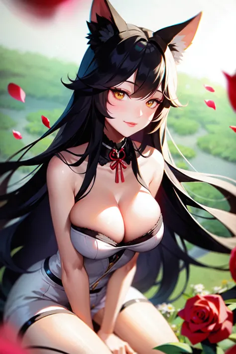 ahri, ahri_(league_of_legends),  (very detailed background:1.0), (highly detailed background:1.0), masterpiece, best quality, solo, (happy), long hair, black hair, open arms, flower field, flowers:2, motion blur, roses, tulips, (summer:1.2), chromatic aber...