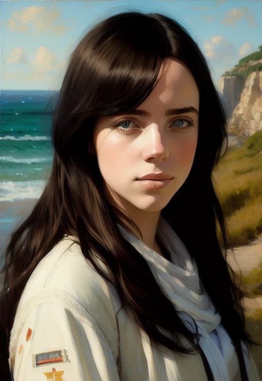 (portrait:1.1) photo of the most beautiful artwork in the world featuring (face of BiL13L1SH:1.1), smiling, heart professional majestic oil painting by Ed Blinkey, Atey Ghailan, Studio Ghibli, by Jeremy Mann, Greg Manchess, Antonio Moro, trending on ArtSta...