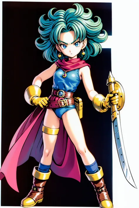 toriyama_akira, 1girl, asymmetrical_legwear, big_hair, blue_eyes, boots, curly_hair, dragon_quest, dragon_quest_ii, dragon_quest_iv, earrings, full_body, gloves, green_hair, heroine_(dq4), highres, holding, jewelry, leotard, looking_at_viewer, official_art...