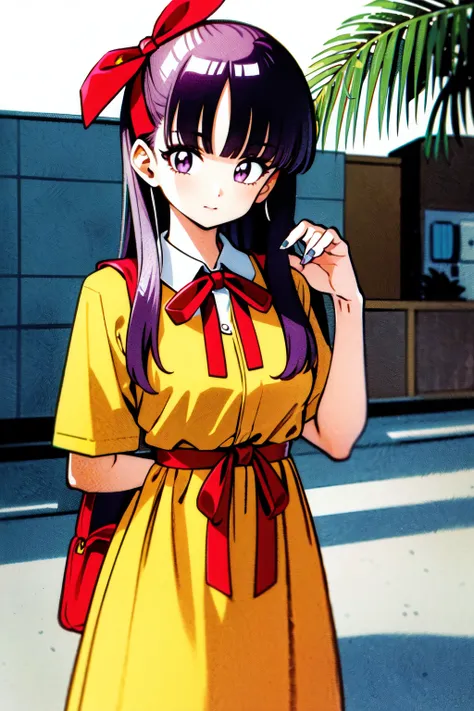 toriyama_akira, 1girl, adult, 20 year old, bangs, depth_of_field, embedded, hair_ribbon, long_hair, looking_at_viewer, neck_ribbon, non-web_source, palm_leaf, palm_tree, purple_eyes, purple_hair, red_ribbon, ribbon, self_upload, solo