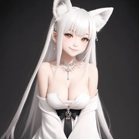 + +, 1girl, animal ear fluff, animal ears, animal hands, animal nose, bangs, blush, body fur, breasts, character name, claws, cleavage, collarbone, fang, female focus, fox ears, fox girl, furrification, furry, furry female, hair rings, happy, japanese text...