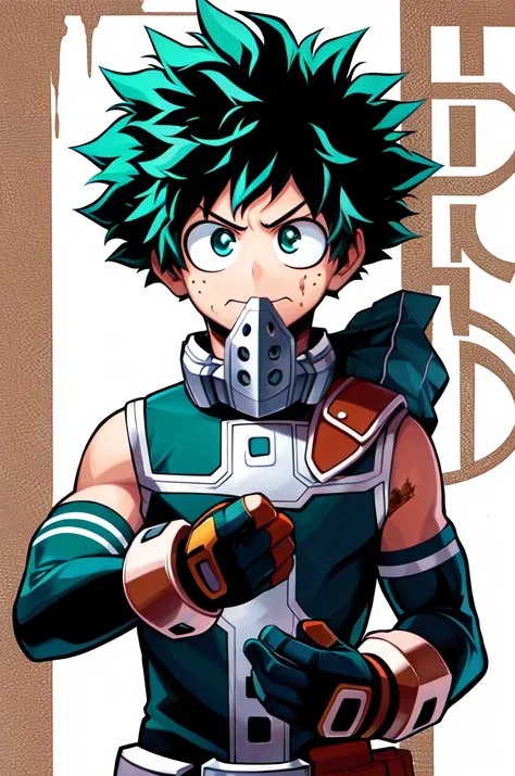 horikoshi kouhei, 1boy, midoriya izuku, boku no hero academia, curly hair, dirty, dirty face, elbow gloves, eyebrows, freckles, furrowed brow, gloves, green eyes, green hair, looking at viewer, mask, mouth mask, official art, pale skin, serious, short hair...