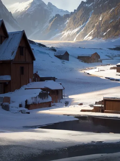ConceptArt, scenery, ice, snow, outdoors, glacier, mountain, crystal,ocean,landscape, wallpaper, from behind, sky,Exodus_Style