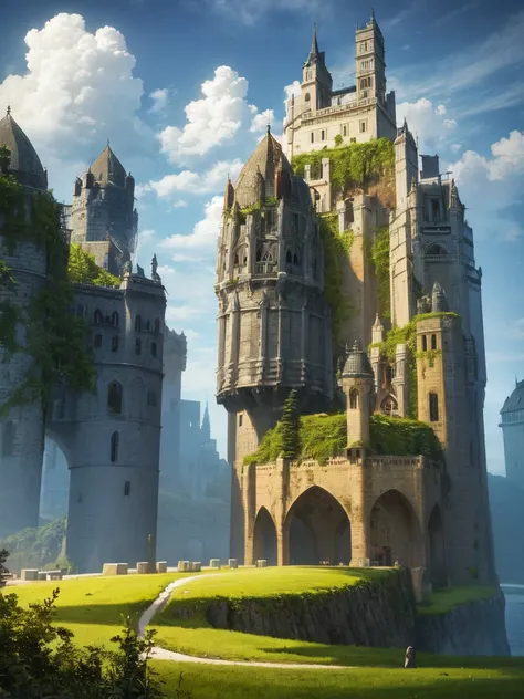 ConceptArt, scenery, no humans, outdoors, cloud, sky, castle, bridge, grass, tower, building, mountain, cloudy sky, landscape, day,Exodus_Style