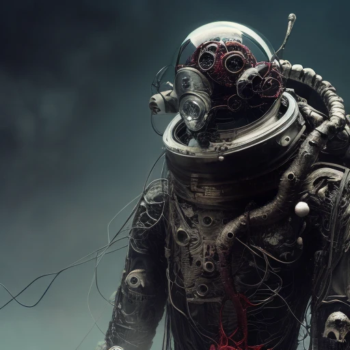 humanoid creature, space suit, cosmonaut helmet, tentacles, wires, electrical wires, sharp teeth, nails, skull, skeleton, gas mask, deer horns, hood, horns, 4k, highest quality,grunge aesthetics, grunge textures, washed out colors, art by RFKTR_bontrex