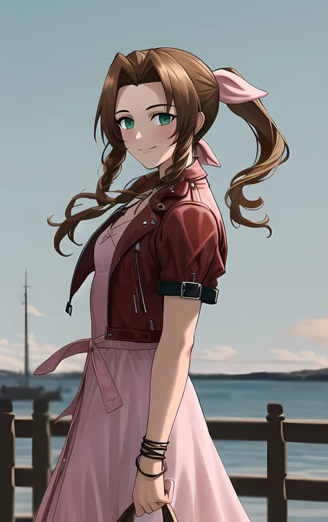 best quality, 1girl, standing, smile, looking to side, sky background, corneo_aerith_v2