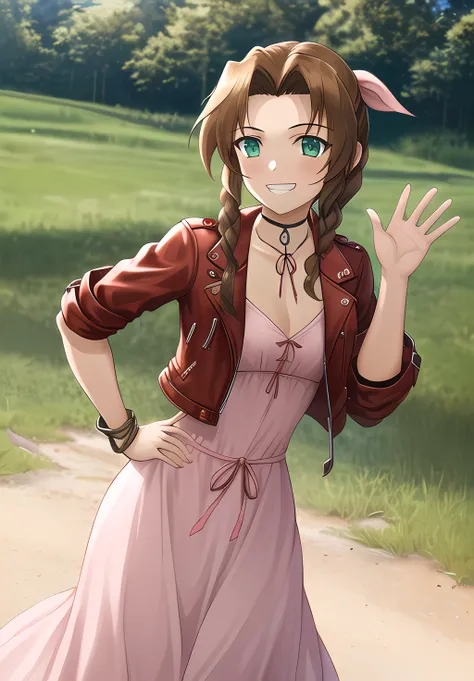 best quality, 1girl, pink dress, green eyes, single braid, small breasts, grin, waving, hand on hip, looking at viewer, corneo_aerith, outdoors background, <hypernet:myhands-22k:0.5>